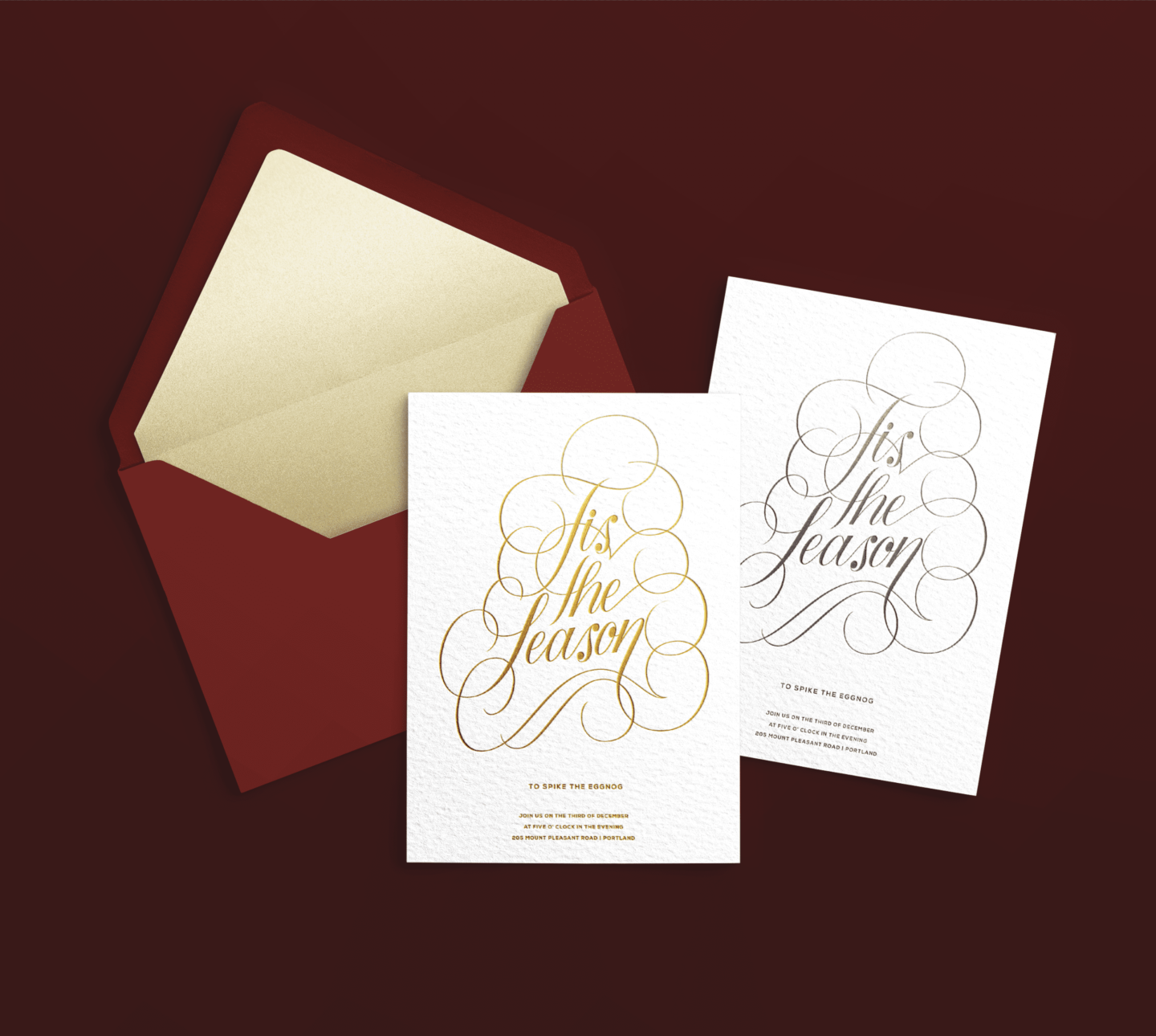 feminine, script, hand-lettering on Christmas card that says tis the season to spike the eggnog