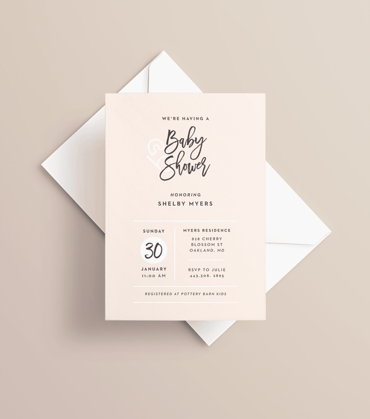 chic baby shower invitation with script font and baby icon