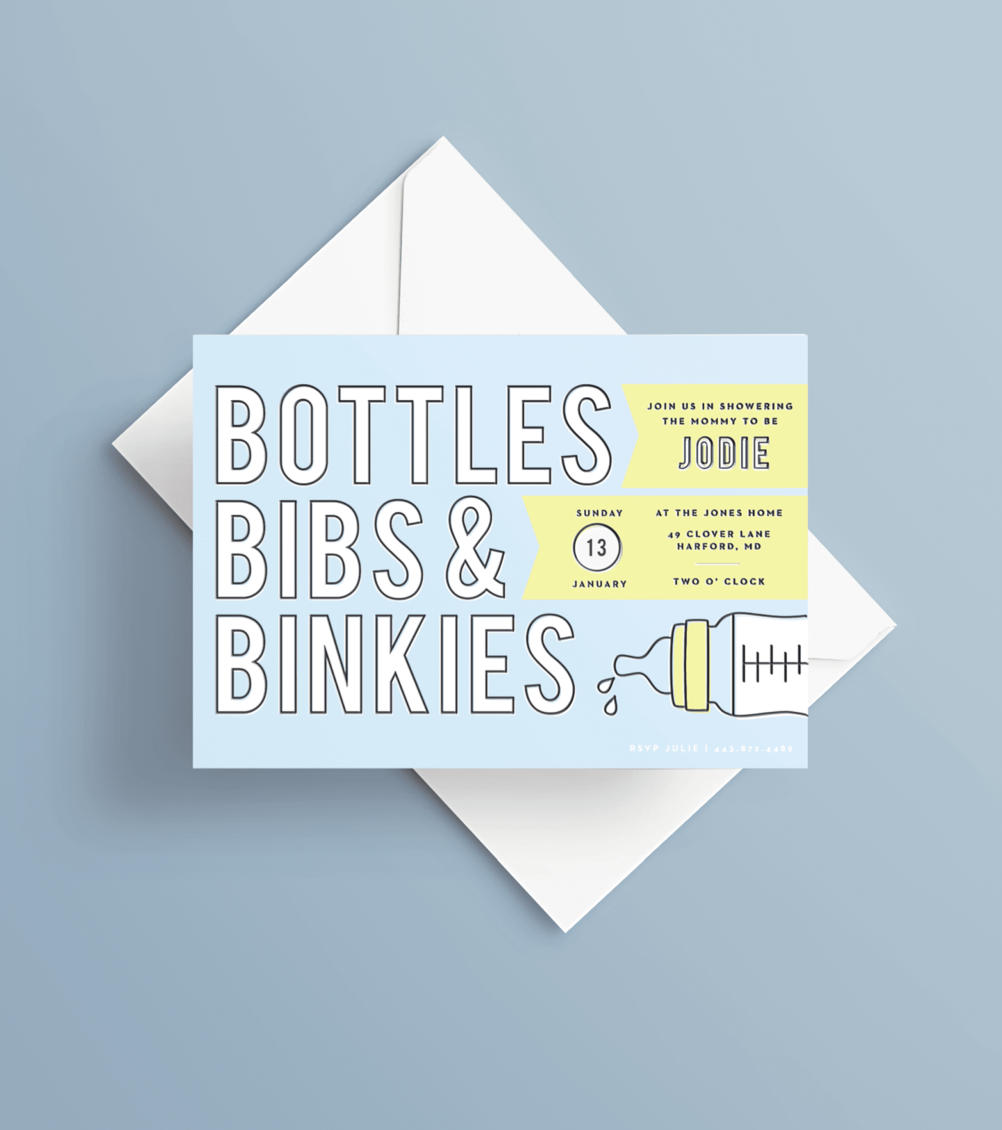 bright and graphic baby shower invitation with flags and illustrated bottle