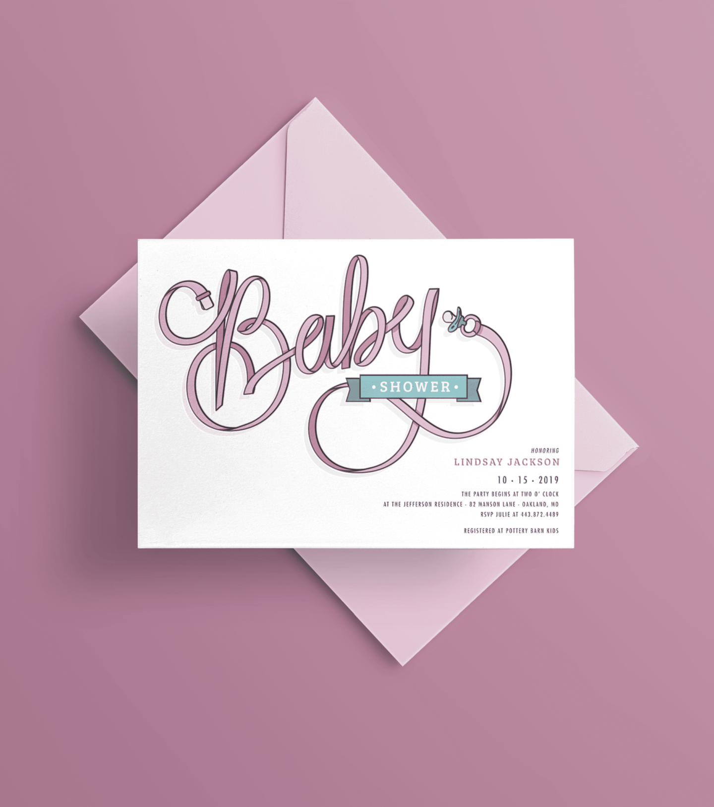 illustrated baby shower invitation this lettering made out of a pacifier strap